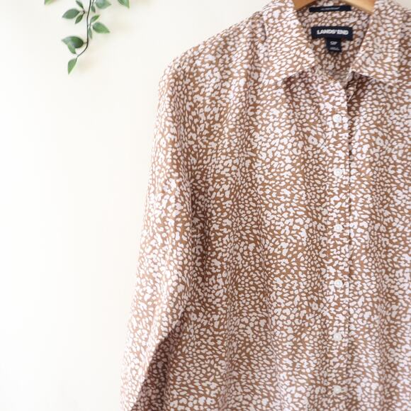 Lands' End No Iron Supima Brown & White Speckle Long Sleeve Button Front Top 12P - Picture 2 of 4